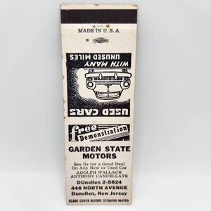 Vintage Matchbook Garden State Motors Dunellen New Jersey